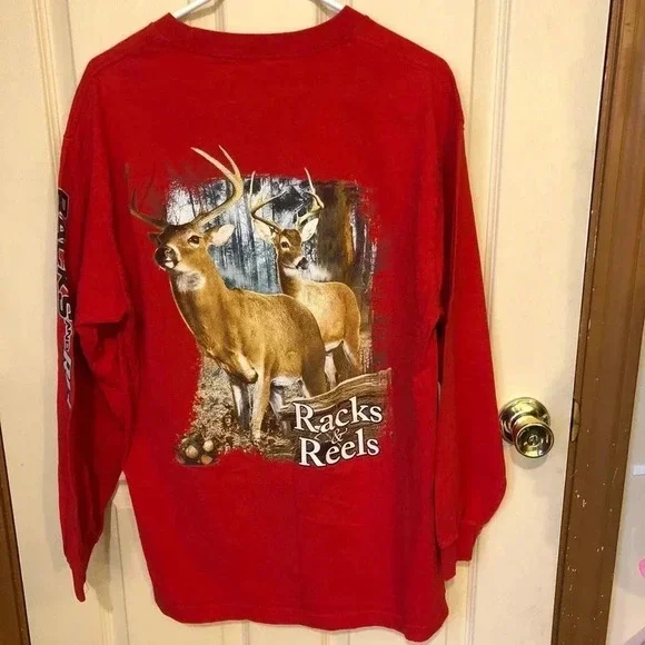 Racks Reels 100% Cotton Men Long Sleeves Graphic T Shirt Size L - Picture 1 of 5